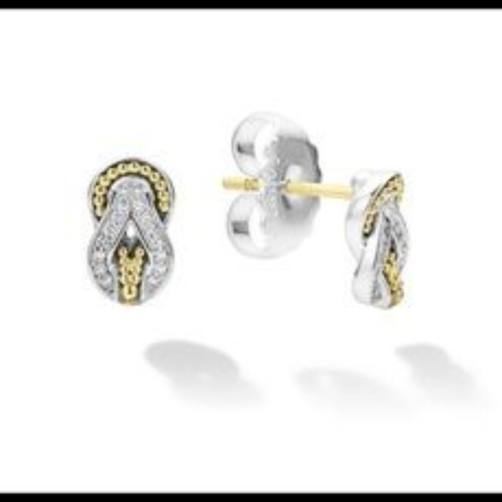 Auth LAGOS Newport 2 Tone Knot Diamond Stud Earrings